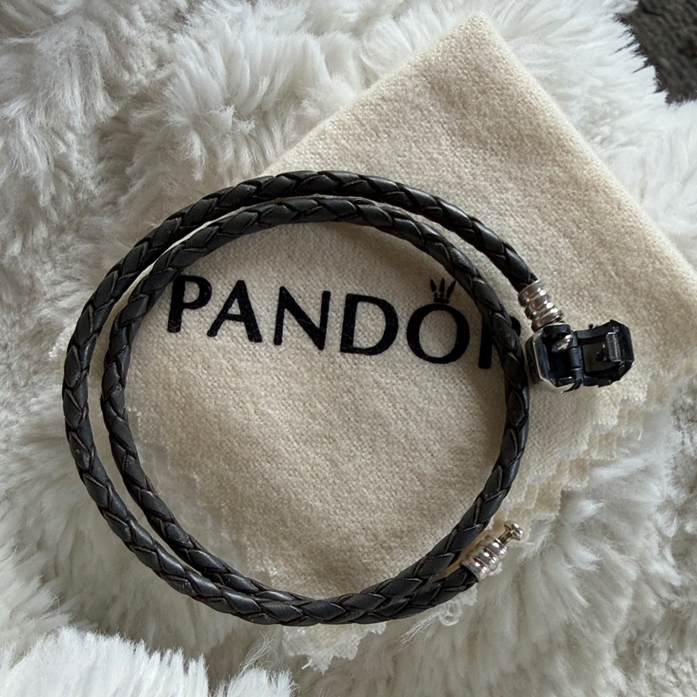 Pandora Gray Braided Leather Double Wrap Bracelet – Sterling Silver Clasp